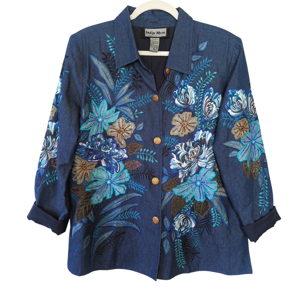 Indigo Moon Denim Jacket Embroidered Floral Beaded Boho Artsy Blue Cotton VTG M